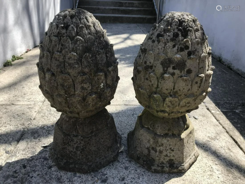 Pair Cast Cement Artichoke Finial Garden Ornaments