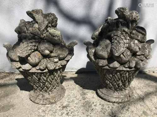 Pair Cast Cement Fruit Basket Garden Ornaments