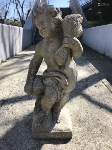 Putti Carrying Wheat Bundles Cement Garden Statue
