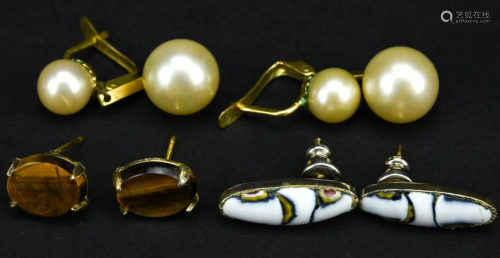 Vintage Art Glass, Pearl & Tiger's Eye Earrings