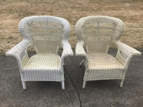 Pair Victorian Style Wicker Barrel Back Arm Chairs