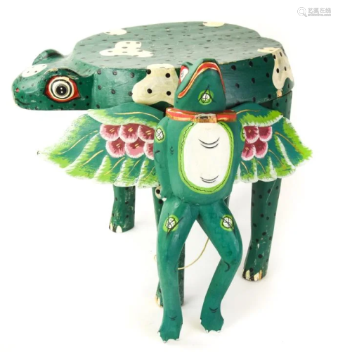 Hand Made & Painted Folk Art Frog Statues & Stool