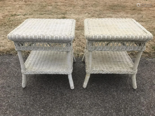 Pair Victorian Style White Wicker Side Tables