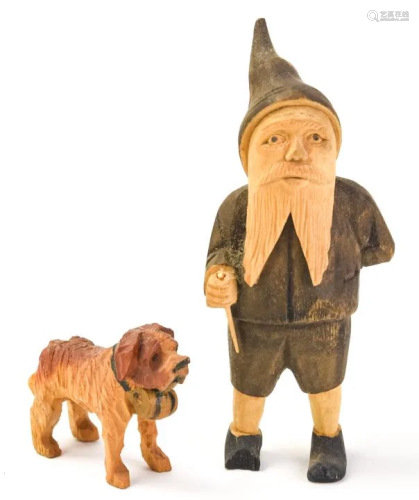 German Black Forest Wood Carvings Gnome & Dog