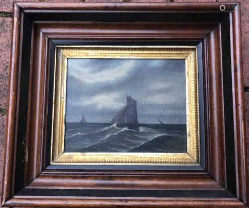Antique Framed Marine Ship Oil Painting on Canvas