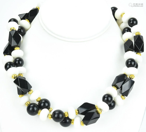 Vintage Gilt Metal Black White Glass Bead Necklace