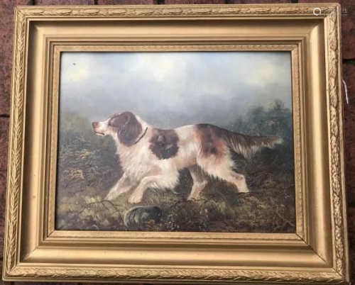 Antique Gilt Framed English Oil Painting of a Dog