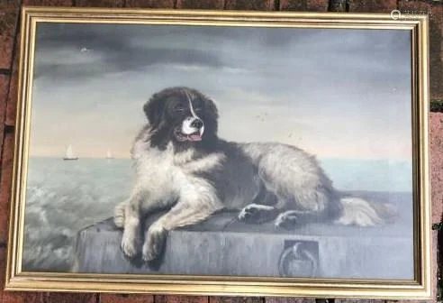 Antique Oil Painting - Dog w Ships in Background