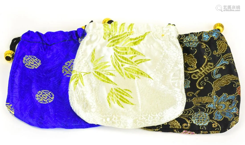 Three Chinese Silk Jewelry Pouches Dust Covers