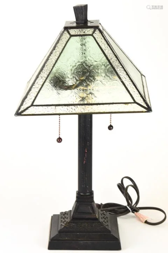 Mission Style Lamp w Leaded Pressed Glass Shade