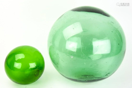 2 Blown Green Glass Globe Floats