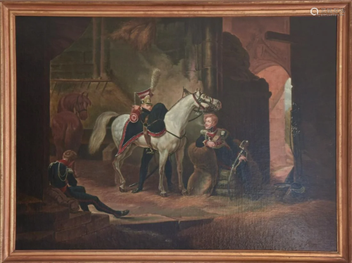 Antique 19th C French Oil Painting of Soldiers