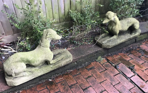 Pair Antique Cast Stone Gray Hound Garden Statues