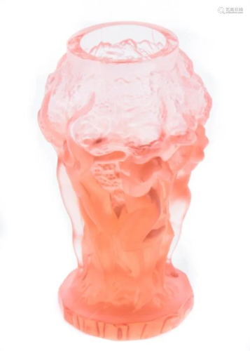 Signed R. Lalique Pink Art Glass Vase