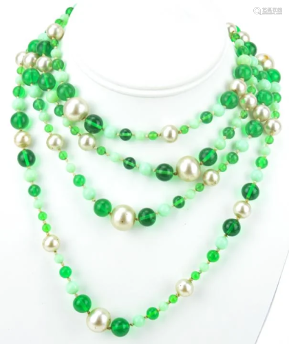 Emerald Glass & Faux Pearl Hand Knotted Necklace