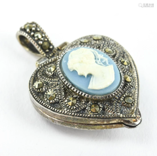 Sterling Silver Marcasite & Cameo Locket Pendant