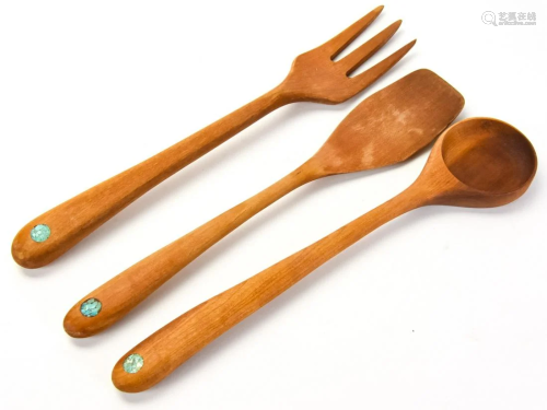 3 Carved Wood Serving Utensils w Inlaid Turquoise