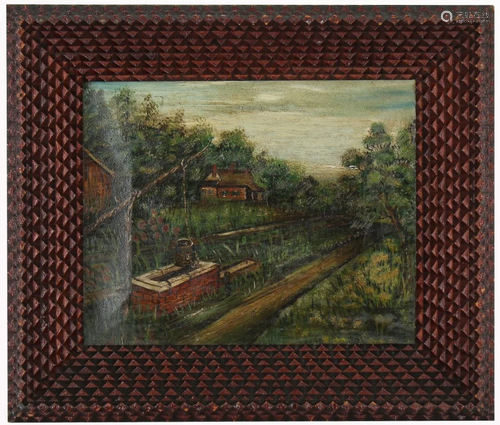 19th C. American School Painting, Tramp Art Frame