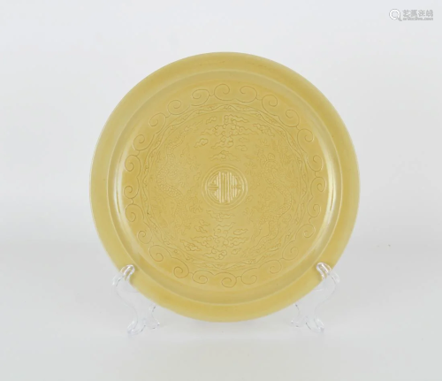 Yellow-Glazed Incised Dish/Plate, Ming Mark