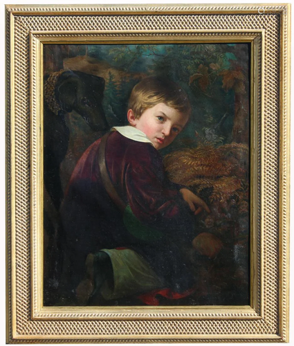 19th C. Signed Portrait of Boy w/ Hound