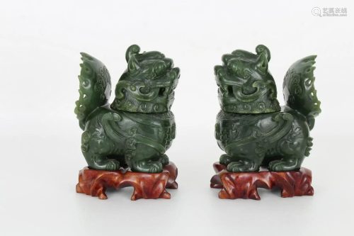 (2) Chinese Carved Spinach Jade Foo Lions