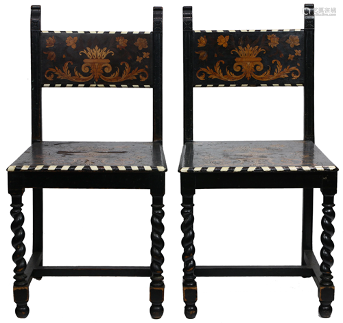 A pair of ebonized Italian inlaid hall chairs circa