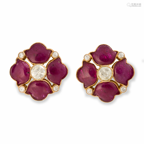 A pair of ruby, diamond and eighteen karat gold