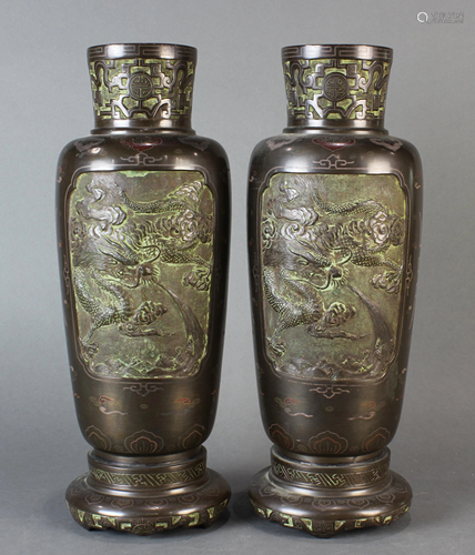 Pair of Chinese bronze vases with silver inlay