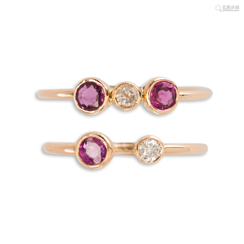 A pair of ruby, diamond and rose gold stacking rings