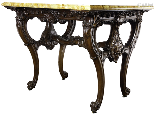 A Rococo style carved mahogany and faux marble center