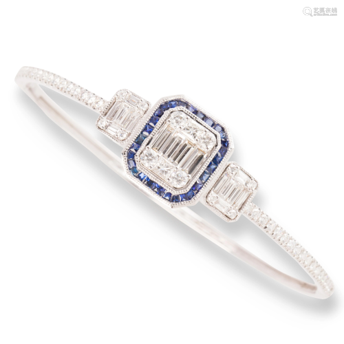 A sapphire, diamond and eighteen karat white gold