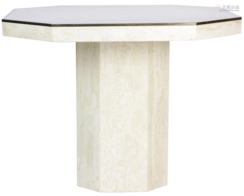 A polished travertine cocktail table