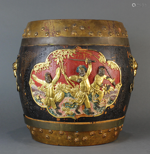 Chinese gilt lacquered covered drum form container