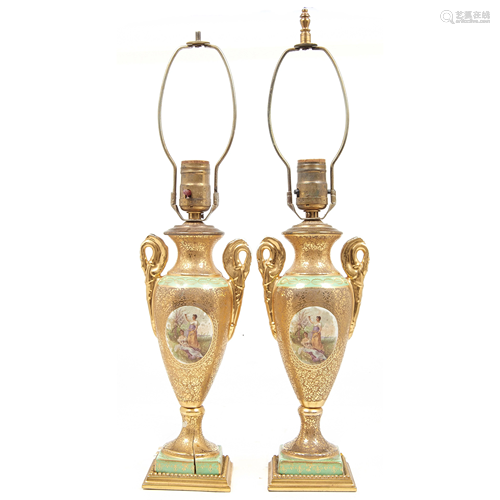 Pair of Le Mieux partial gilt porcelain table lamps