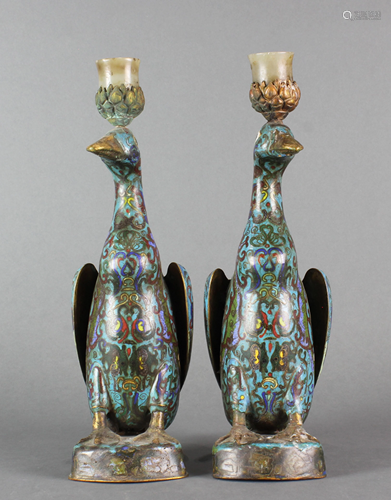 (lot of 2) Chinese cloisonne enamel duck form candle