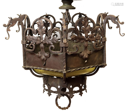 A Spanish Revival wrought metal hanging fixture circa