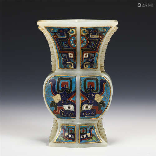 A CHINESE CARVED JADE CLOISONNE INLAID SQUARE FLOWERS VASE/Q...