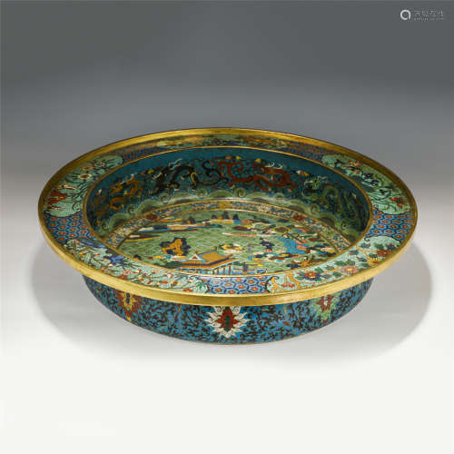 A LARGE CHINESE CLOISONNE FLOWERS PATTERN PLATE BASIN/QING D...