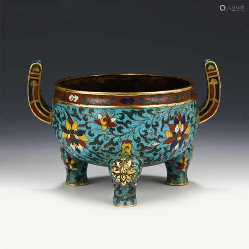 A CHINESE CLOISONNE TRIPLE FOOTS DOUBLE HANDLE INCENSE BURNE...