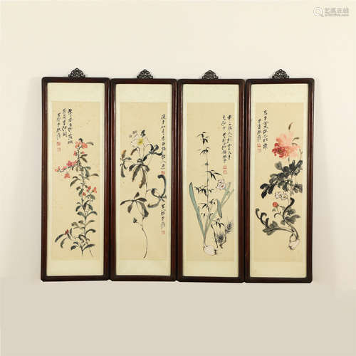 FOUR OF CHINESE EMBELLISHED PAINTING FLOWERS BIRD HANGED SCR...