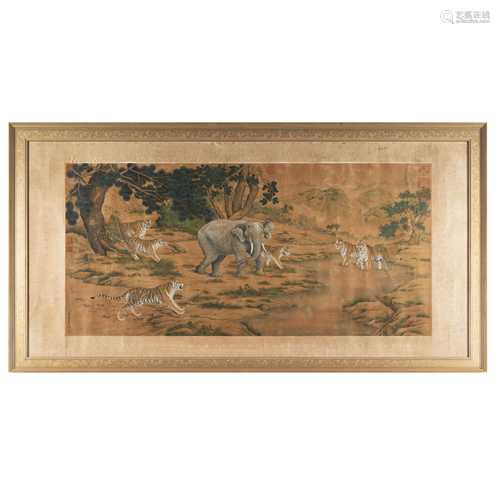 CHINESE FRAME PAINTING OF TIGERS AND ELEPHANT IN MOUNTAINS