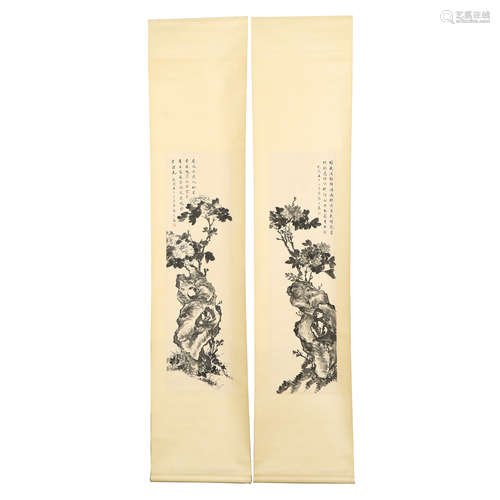 TWO CHINESE INK PAINTING OF FLOWERS BLOSSOMMING & CALLIGRAPH...