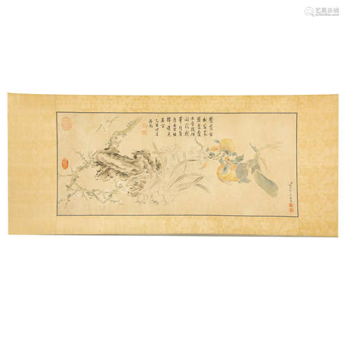 CHINESE PAINTING OF FLOWERS & POEMS IN RUNNING SCRIPT