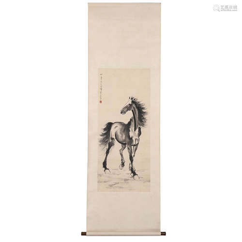 CHINESE INK PAINTING OF RUNNING STEED ON THE GRASSLAND