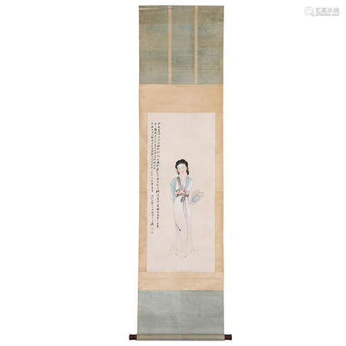 CHINESE PAINTING FIGURE OF BEAUTY LADY & CALLIGRAPHY