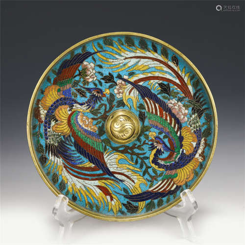 A CHINESE CLOISONNE FLOWERS DOUBLE PHOENIX BRONZE ROUND MIRR...