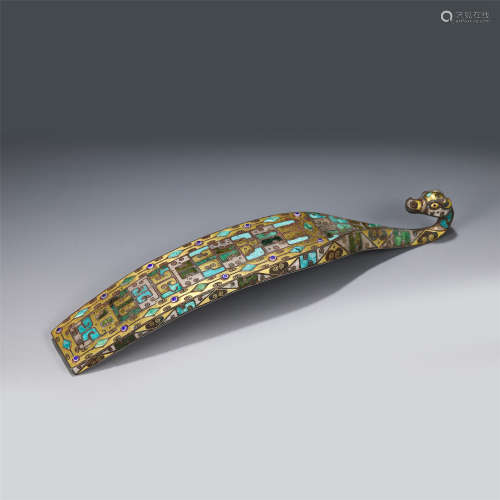 A CHINESE GOLD AND SILVER INLAY BRONZE TURQUOISE BELT HOOK/Z...