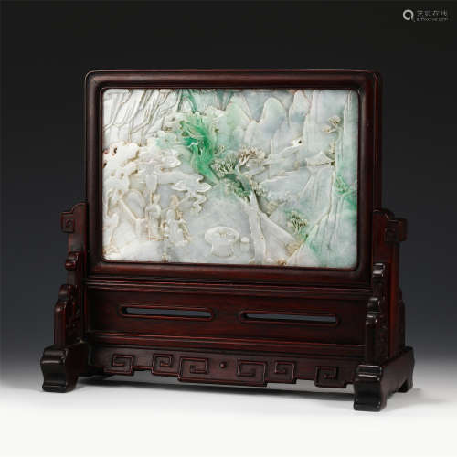 A CHINESE CARVED JADEITE TABLE SCREEN WITH FIGURE LANDSCAPE ...