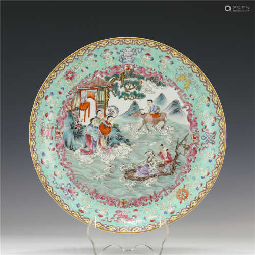 A CHINESE FAMILLE ROSE VIEWS PLATE WITH EIGHT TREASURES FIGU...