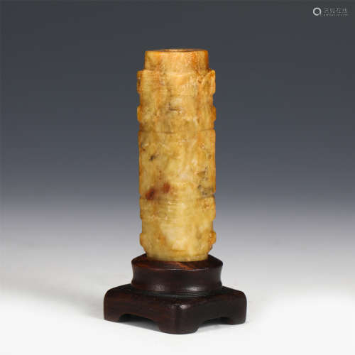 A CHINESE CARVED JADE CONG SQUARE VASE/WARRING STATES PERIOD...